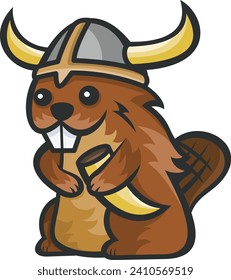 A cartoony cute Viking beaver smiling happily and ready to sail the seas.