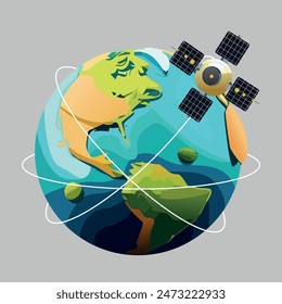 Cartoony Earth from Space illustration with satellite and orbits