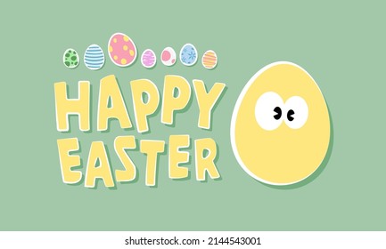 Cartoony Easter Card 1 - Vector Happy Easter Eggs Chicken Holiday Banner Comic Hand Drawn Greetings Postcard Icons Symbol Decoration Web Egg Illustration Design Childish Children's Vintage Retro