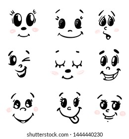 
Cartoony emotions, joy, surprise, smile, sleep, wink. Doodle illustration cute faces.
