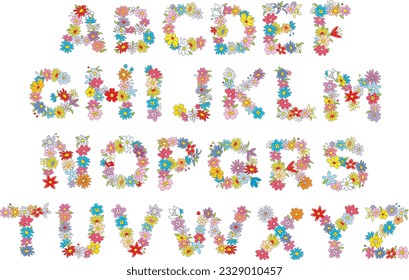 Cartoony English alphabet and summer floral font with colorful flowers, set of funny vector illustrations isolated on a white background