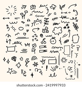 cartoony expression sign doodle, curve directional arrows, emoticon effects design elements, cartoon character emotion symbols, illustration style doodle and line art
