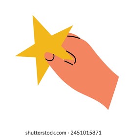 Cartoony hand holding, giving a star, approval, encouragement or a review. Hand drawn vector illustration, isolated on white