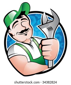 A cartoony illustration of a man holding a spanner