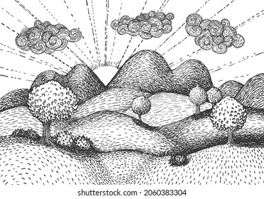 Cartoony landscape with wavy fields, hills, and mountains with sun rising behind them. Hand drawn engraving style.