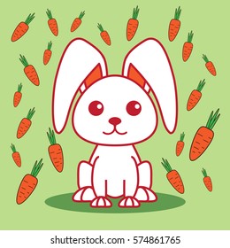 Cartoony rabbit on green background with carrots
