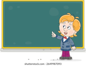 Cartoony school teacher writing with chalk on a class blackboard during a lesson in a school, vector cartoon illustration on a white background