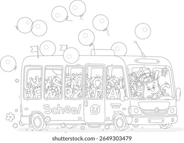 Cartoony schoolbag driving a small school bus full of noisy company of funny letters, black and white vector cartoon illustration for a coloring book