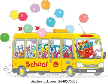 Cartoony schoolbag driving a yellow school bus full of noisy company of funny letters, vector cartoon illustration isolated on a white background