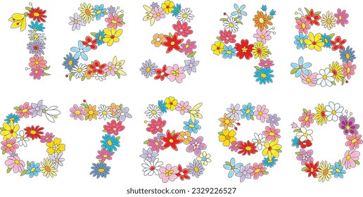 Cartoony summer floral numbers with colorful garden flowers, a set of funny vector illustrations isolated on a white background