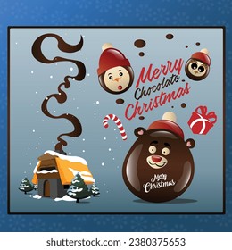 Cartoony vector illustration of cute Christmas house and chocolate characters