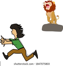 cartoon,young man afraid of the lion,
lion angry,fear,lion yells