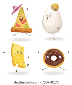 Cartooon fast food characters with cheerful human face expressions.