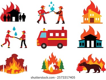 Cartooon picture about burning of house ,car,forest,animal