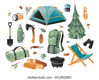 CartooVector Illustration set of Camping and Hiking objects. Tourist equipment. Hiking outdoor elements kit. Camping gear symbols and icons collection on white background.

