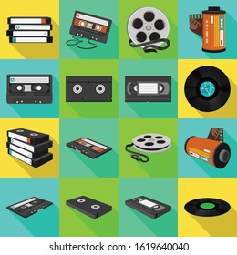 Cartridge and cassette vector flat icon set.Vector isolated illustration videocassette and videotape.Icon set of cassette ,musical disc.