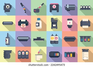 Cartridge filling icons set flat vector. Computer copier. Device digital