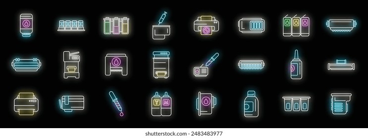 Cartridge filling icons set outline vector. Computer copier. Device digital neon color on black