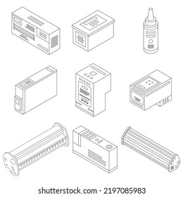 Cartridge icons set. Isometric set of cartridge vector icons outline thin lne isolated on white