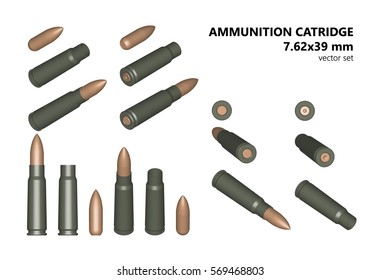 Cartridges for  automatic rifle. The bullet and shell. Cartridge 7.62. The munition in the context. Pictured: bullet nosed, cartridge, gunpowder. Isolated on a white background. 