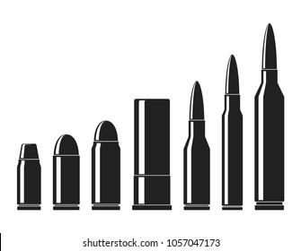 Cartridges icons vector set. A collection of bullets icons isolated on white background. Weapon ammo types and size in flat style. Vector illustration