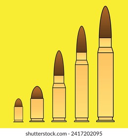Juego de vectores de iconos de cartuchos. Colección de iconos de viñetas aislados en fondo blanco. Tipos de municiones de armas y tamaño en estilo plano. Ilustración del vector