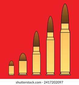 Juego de vectores de iconos de cartuchos. Colección de iconos de viñetas aislados en fondo blanco. Tipos de municiones de armas y tamaño en estilo plano. Ilustración del vector
