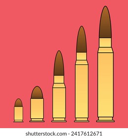 Juego de vectores de iconos de cartuchos. Colección de iconos de viñetas aislados en fondo blanco. Tipos de municiones de armas y tamaño en estilo plano. Ilustración del vector