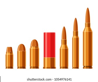 Cartridges Vector Set. A Collection Of Bullets Isolated On White Background. Weapon Ammo Types And Size In Flat Style. Vector Illustration