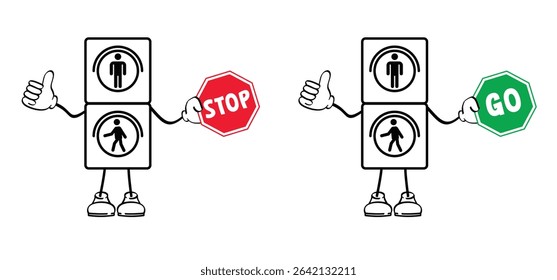 Cartroon traffic light. Stop sign. Marcotte character with traffic signs, red, green light. For kids crossover concept. Walking across crosswalk. Children waiting at traffic light