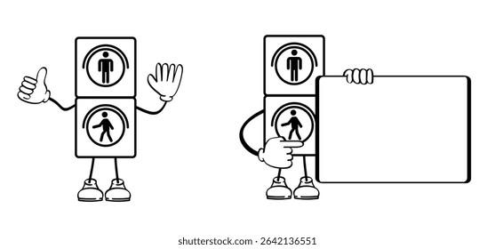 Cartroon traffic light. Stop sign. Marcotte character with traffic signs, red, green light. For kids crossover concept. Walking across crosswalk. Children waiting at traffic light
