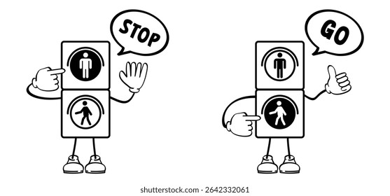 Cartroon traffic light. Stop sign. Marcotte character with traffic signs, red, green light. For kids crossover concept. Walking across crosswalk. Children waiting at traffic light. Stop and go.