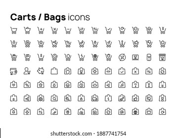 Carts and bags. High quality concepts of linear minimalistic vector icons set for web sites, interface of mobile applications and design of printed products.