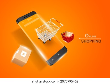 Carts, red shopping carts and parcel boxes float in mid-air above 
android smartphones for delivery and online shopping concept design,vector 3d on orange background for promotion advertising design