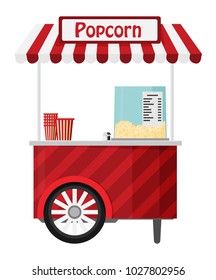 Carts retail, kiosk on wheels, popcorn flat vector