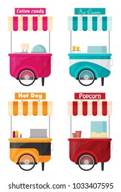 Carts set retail, kiosk on wheels flat vector