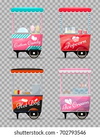 Carts set retail, popcorn, cotton candy, hot dog, ice cream kiosk on wheels, sweets and confectionery, isolated and flat style vector illustration. Illustration for your projects.