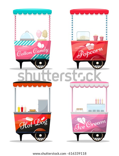 Carts set\
retail, popcorn, cotton candy, hot dog, ice cream kiosk on wheels,\
sweets and confectionery, isolated and flat style vector\
illustration. Illustration for your\
projects.