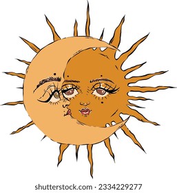 Cartton Style Vintage Mystic Sun and Moon conjunction