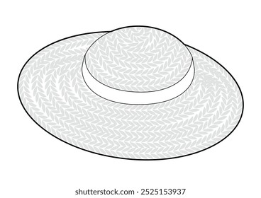 Cartwheel Straw Hat with Ribbon. Summer Bonnet Head Fashion accessory cap with wide brim clothing technical illustration. Vector headgear for Men, women, flat template CAD mockup sketch outline