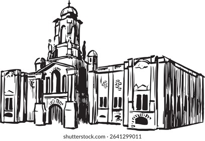 Cartwright Hall, Bradford, England ink illustration. Civic art gallery tourist attraction  destination. Baroque architectural style sketches. Famous historical houses and buildings vector drawing. 