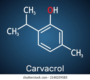 Carvacrol, cymophenol molecule. It is natural monoterpene derivative of cymene, inhibitor of bacterial growth. Structural chemical formula on the dark blue background. Vector illustration