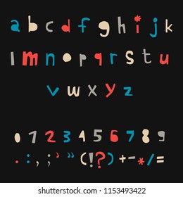 Carved alphabet number and punctuation marks. Rustic font. Vector ABC