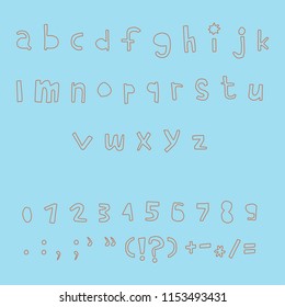 Carved alphabet number and punctuation marks. Rustic font. Vector ABC