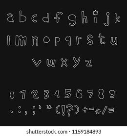 Carved alphabet number and punctuation marks. Rustic font. Vector ABC