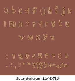 Carved alphabet number and punctuation marks. Rustic font. Vector ABC