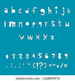 Carved alphabet number and punctuation marks. Rustic font. Vector ABC