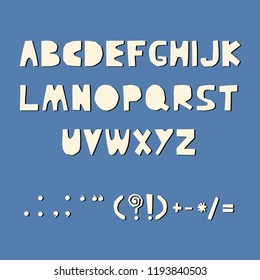Carved alphabet and punctuation marks. Rustic font. Vector ABC. Latin letters