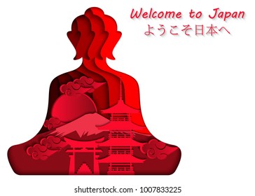 Carved Buddha and symbols of Japanese culture against the backdrop of Mount Fuji. Inscription welcome to Japan in Japanese. Design of tourist brochures, banners, covers. Vector, 3d effect.