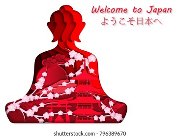 Carved Buddha and symbols of Japanese culture against the backdrop of Mount Fuji. Inscription welcome to Japan in Japanese. Design of tourist brochures, banners, covers. Vector, 3d effect.